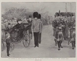 Die Königin bei der Geburtstagsparade der 2. Scots Guards in Windsor, der Vorbeimarsch